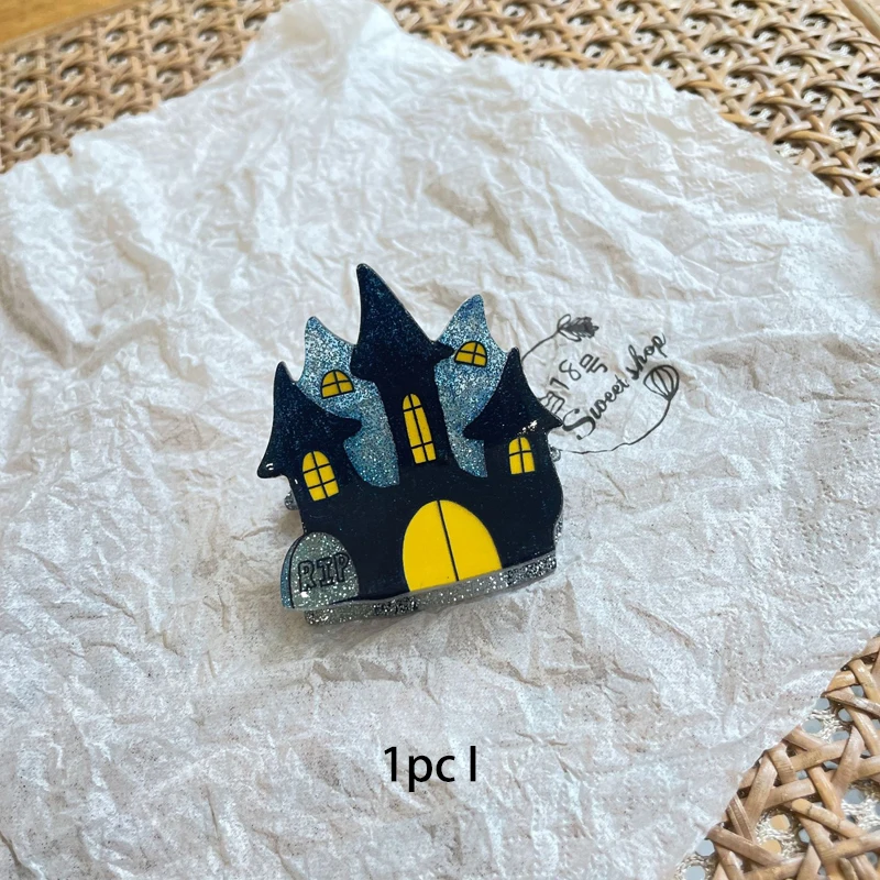 1 Stück Halloween kleine Acryl-Greifklammer, Kürbis-Zauberhut, Fledermaus-Cartoon-Haarschmuck, Pony-Clip, Hinterkopf, halbe Krawatte, Haarklammer – Detail 10