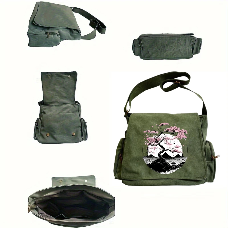Vintage Women's Shoulder Bag Men's Crossbody Bag Canvas Messenger Bag Sakura Tree Large Capacity Laptop Bag
