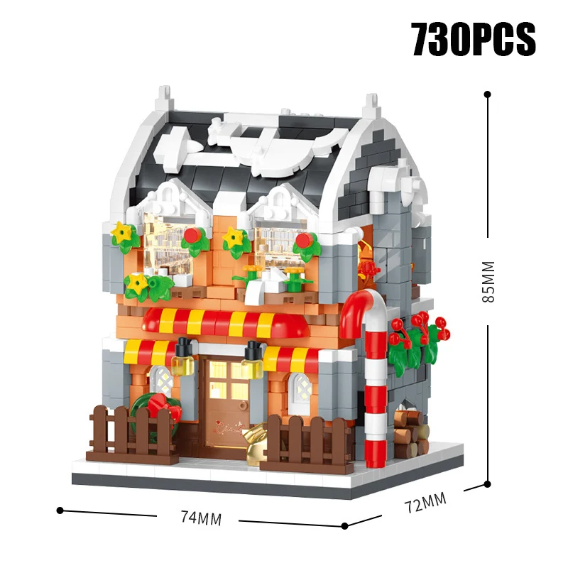 Micro Christmas Coffee Candy House With Lights Model Building Blocks Creative Bookstore Xmas Decoration Diamond Bricks Kids Gift