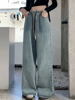 Home 28 Botvotee Elastic Waist High Waist Wide Leg Jeans for Women Loose Straight Blue Long Denim Pants Female Fashion Streetwear Jeans