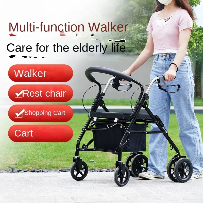 Elderly Walking Assistant with Seat Crutch Hand-pushed Walking Aid Anti-fall Walking Device for Seniors 4