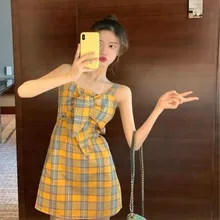 

Dress Women Sleeveless Plaid High Waist A-line Kawaii Simple Casual Slim Streetwear Sweet Dresses Elegant Womens Summer Sexy