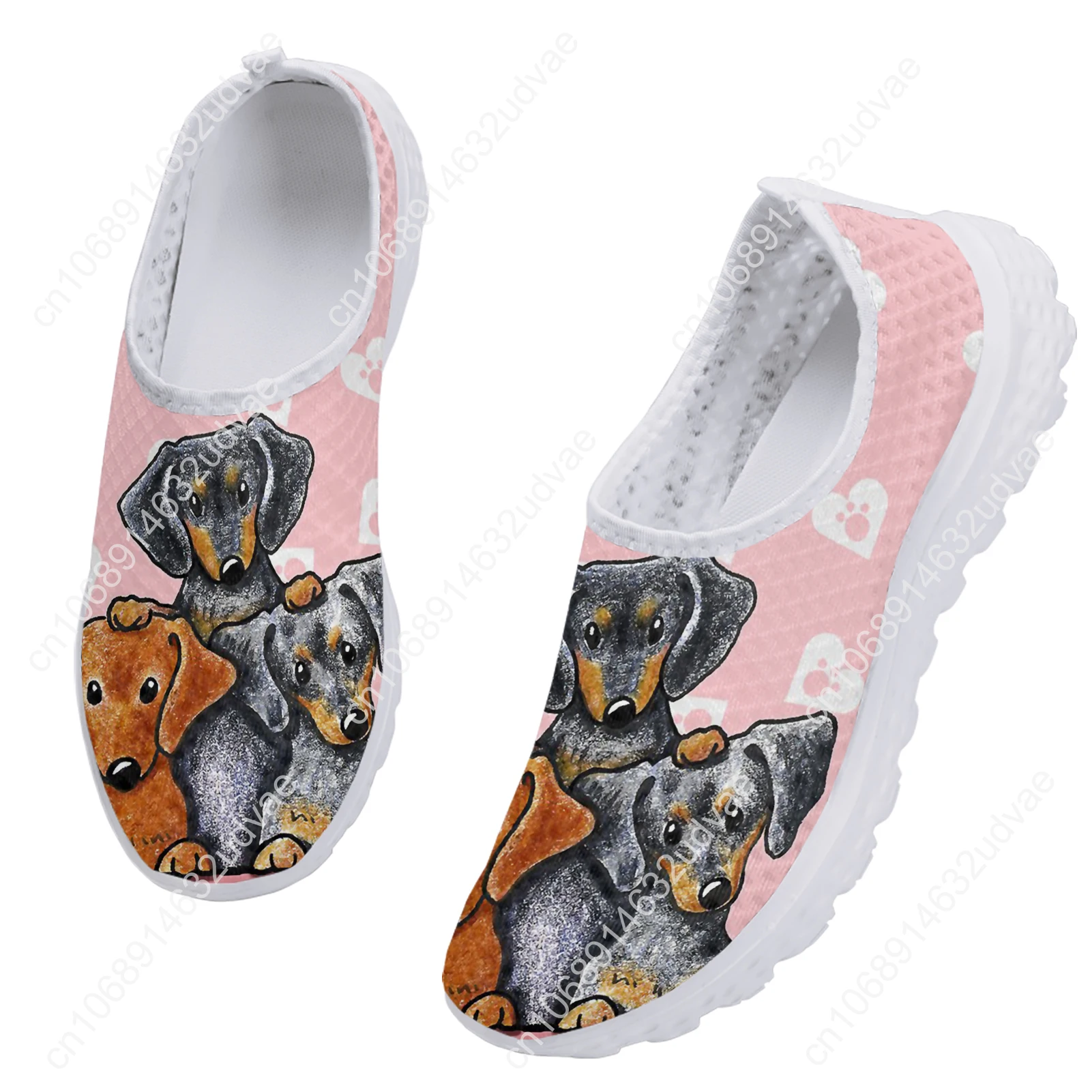 Fashion Cartoon Dachshund Print Lightweight Breathable Mesh Shoes Pink Heart Print Loafers Soft Casual Sneakers