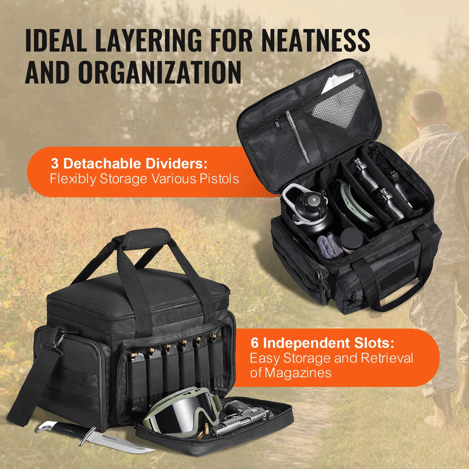 Range Bag for Pistols Tactical Gun Range Bag with 3 Detachable Baffles& 6 Magazines Shooting Handgun for Hunting duffel bag