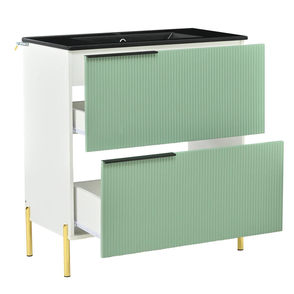 Green Freestanding Bathroom Vanity with Ceramic Single Sink MDF Bathroom Sink Cabinet Multifunctional Bathroom Storage Organizer