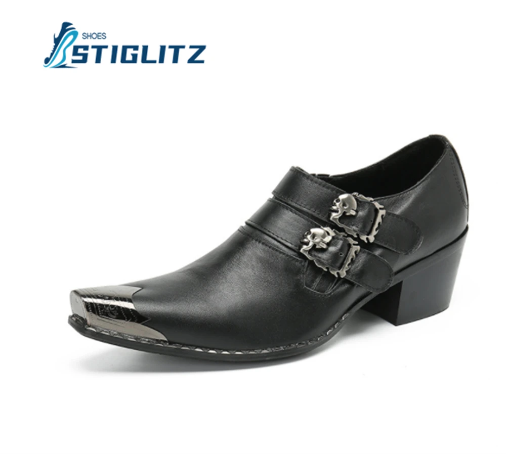 Flame Buckle Chelseas Black Genuine Leather Shallow Mules Metal Square Toe Sewing Thread Heeled Shoes Business Dress Men's Shoes