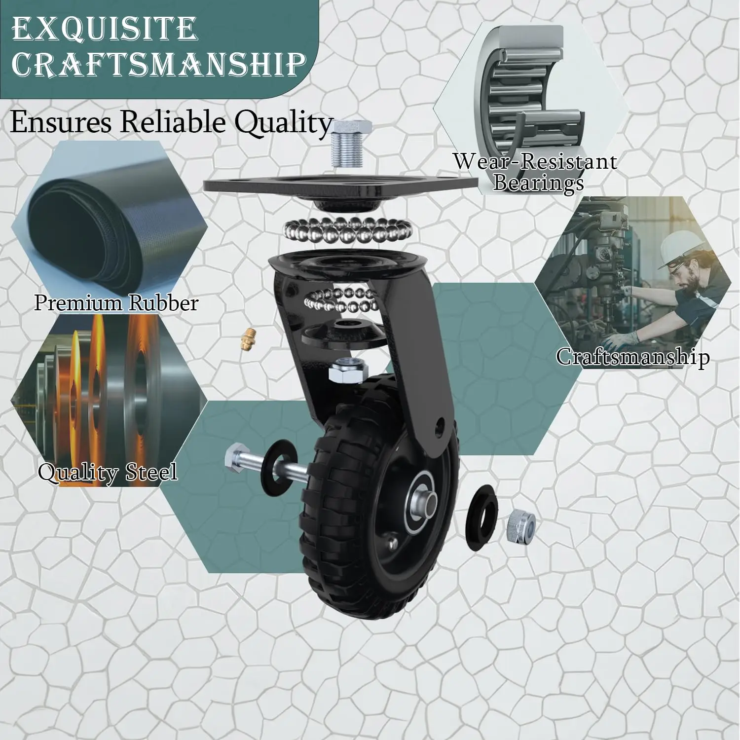 Swivel Heavy Duty Caster Wheel, 6 Inch*2, 800lb Capacity, Black Rim, Solid Rubber, Cast Iron,Outdoor, Flat Free for Carts, Dolly 4