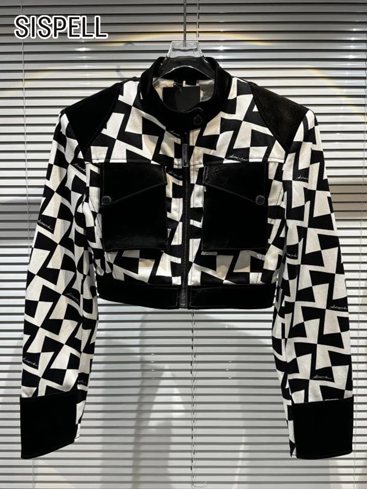 

SISPELL Hit Color Plaids Jackets For Women Lapel Long Sleeve Pathwork Pockets Casual Short Coats Female Spring 2023 New Style