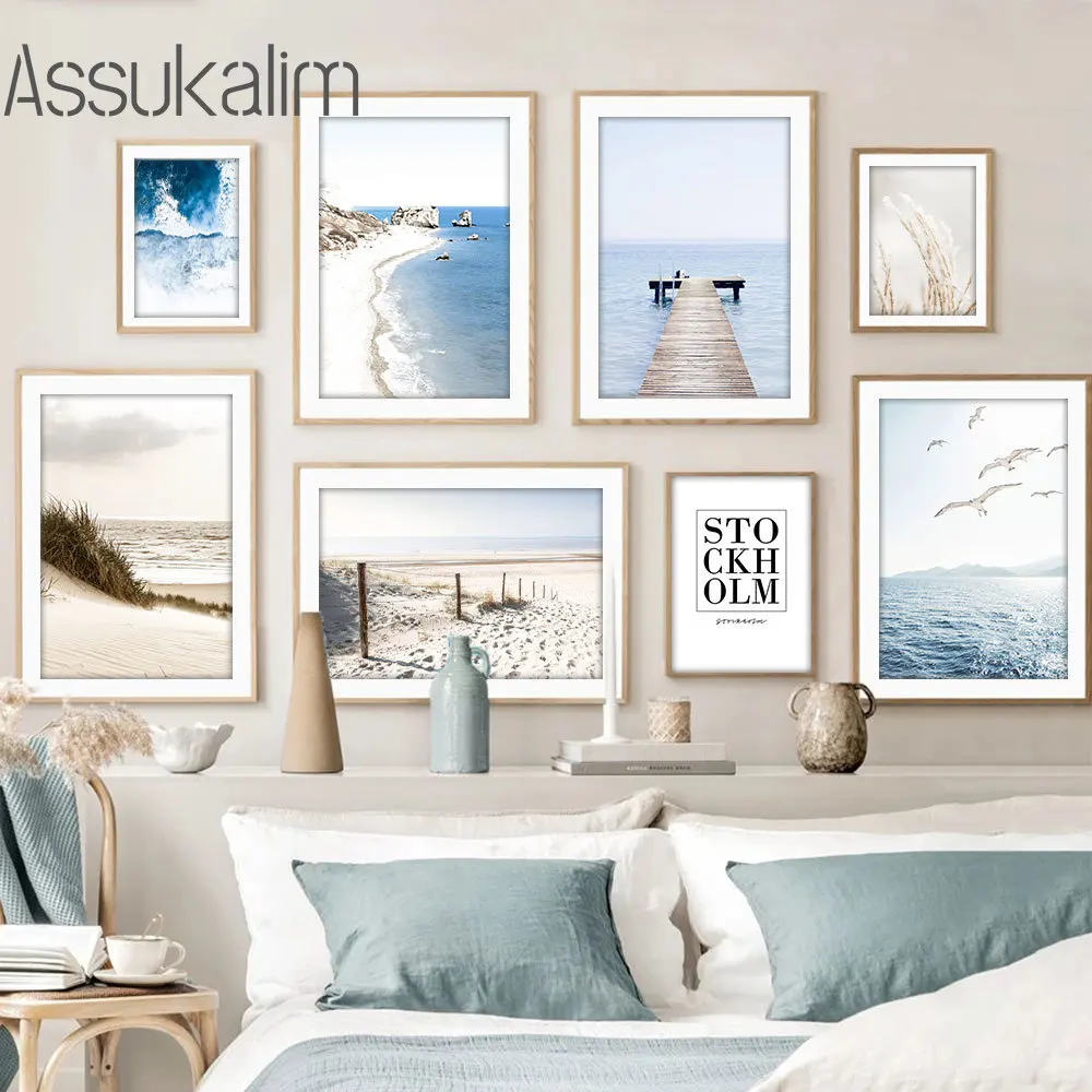 Bridge Canvas Painting Beach Dry Grass Painting Poster Reed Seagull Print Pictures Nordic Wall Poster Living Room Wall Decor