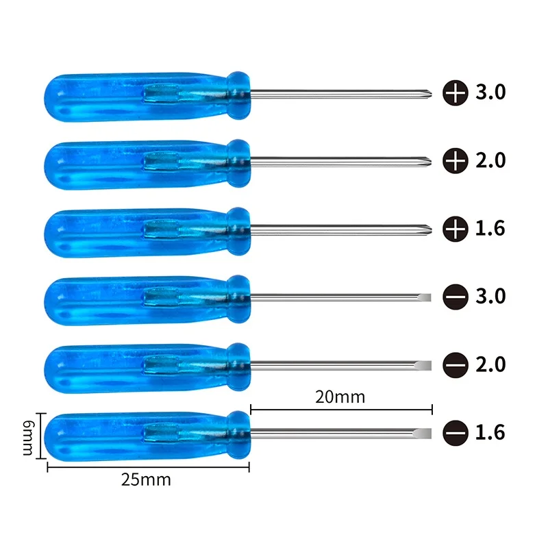 6pcs 블루 미니 스크루 드라이버 세트 20mm 샤프트 팁 미니 슬롯 플랫 헤드 스크루 드라이버 드라이버 휴대 전화 수리 도구에 대 한 손 도구