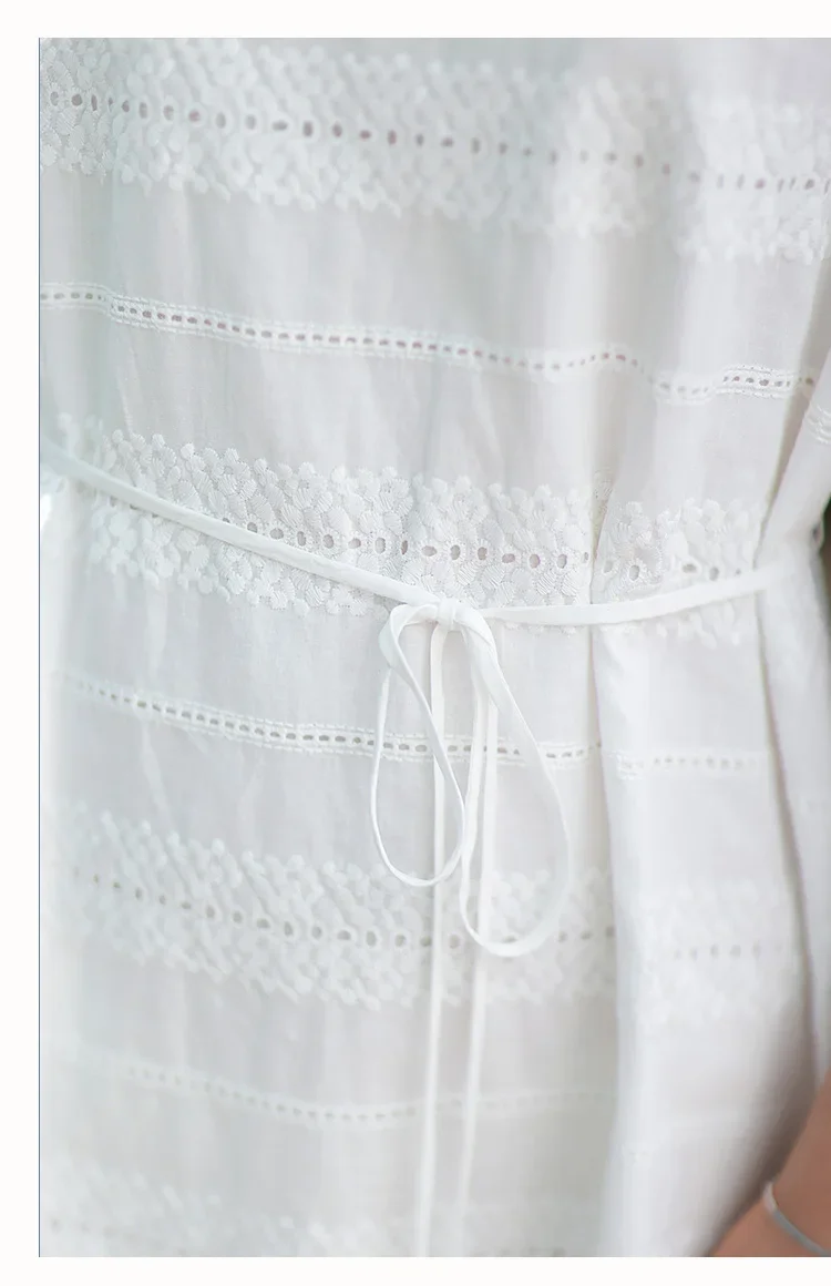 White Cotton Summer Dress Women Elegant Hollow Out Embroidery O-neck Short Sleeve Slim Waist Casual Dresses Vestidos Robe Femme 6