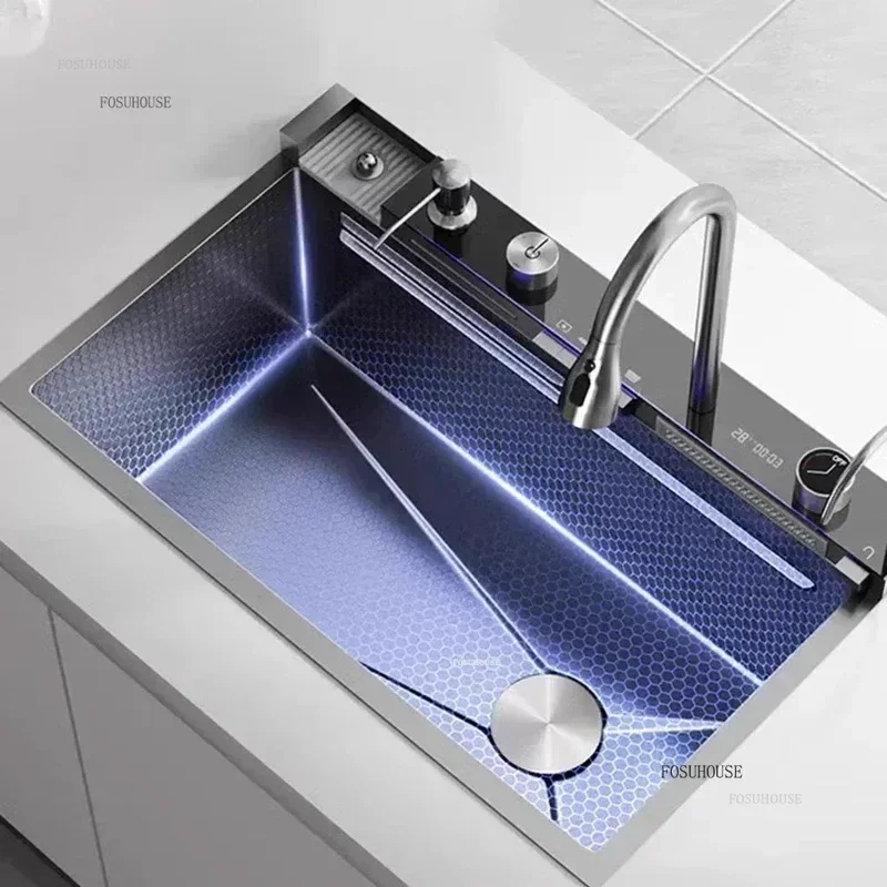 Large Single Kitchen Sink Slot 304 Stainless Steel Rain Waterfall Sink Home Honeycomb Dishwashing Basin Kitchen Accessories