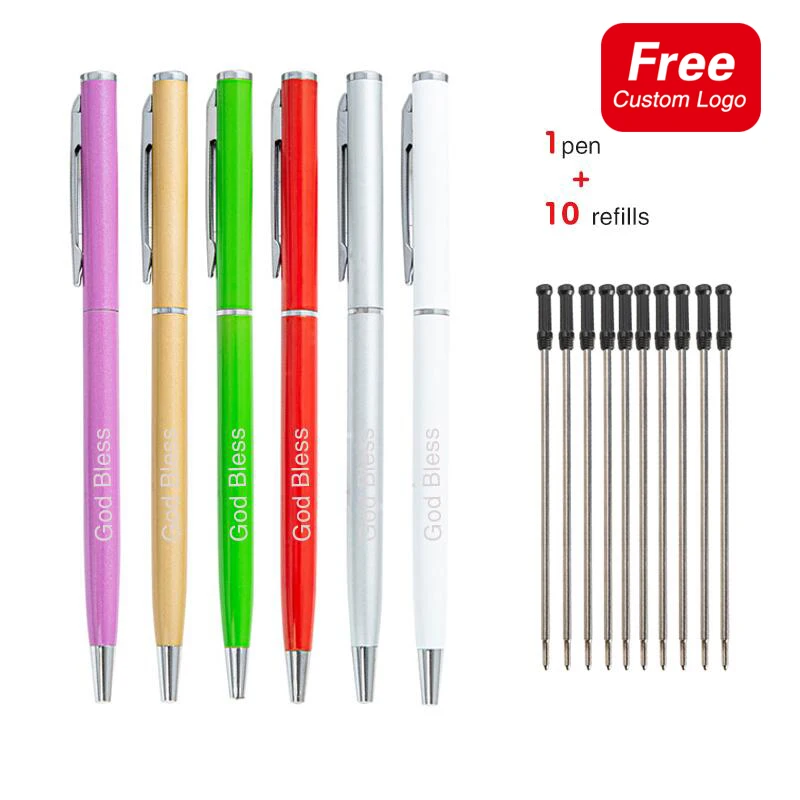 1 Pen+10 Refills Creative Metal Ballpoint Pens Laser Engraving Personalized Logo Offices Accessories Students Exam Stationery new gold foil metal ballpoint pens laser customization personalized logo birthday gift offices accessories students stationery