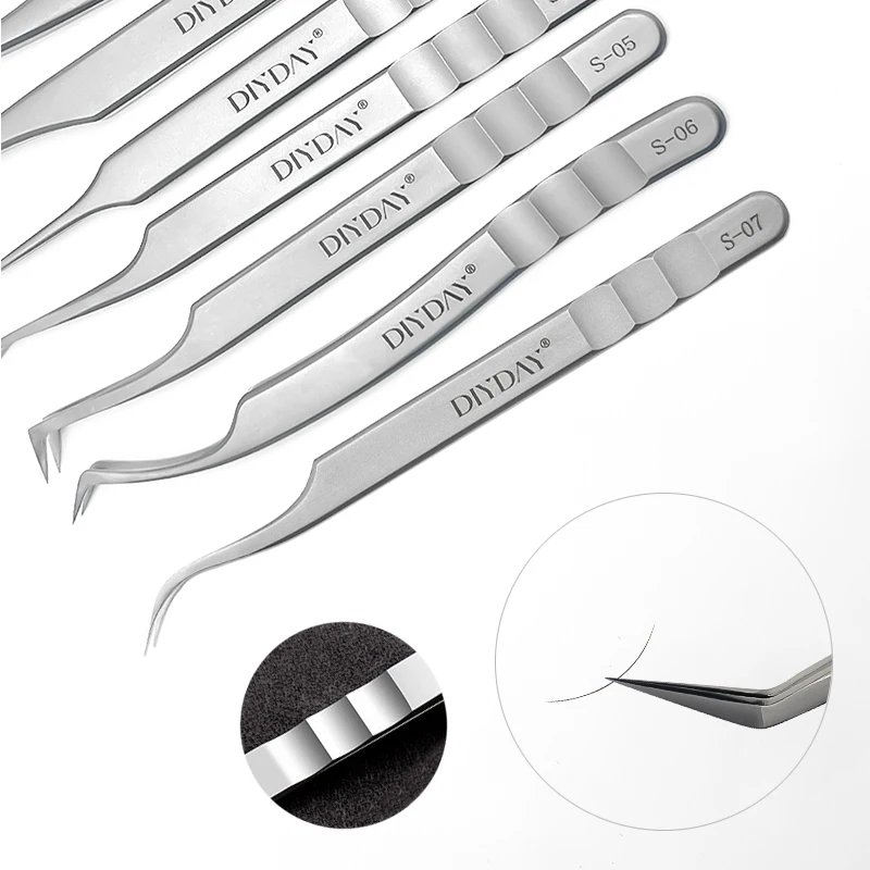 DIYDAY Eyelash Extension Tweezers Stainless Steel Eyebrow Precision Tweezers Fiber Tip Volume Isolation Lashes Extension Tweezer 6