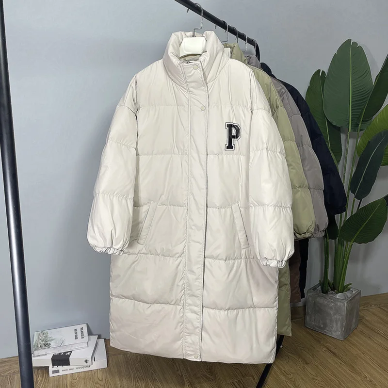 

Simple P Letter Down Jacket Women's 2022 Winter New Mid-Length Stand Collar Loose Large Size Thick Wild White Duck Down Coats
