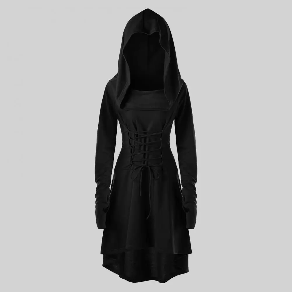 Women Cosplay Dress Gothic Lace-up Strap Hooded Long Sleeves Theme Parties Role-Playing Festival Halloween Midi Dress