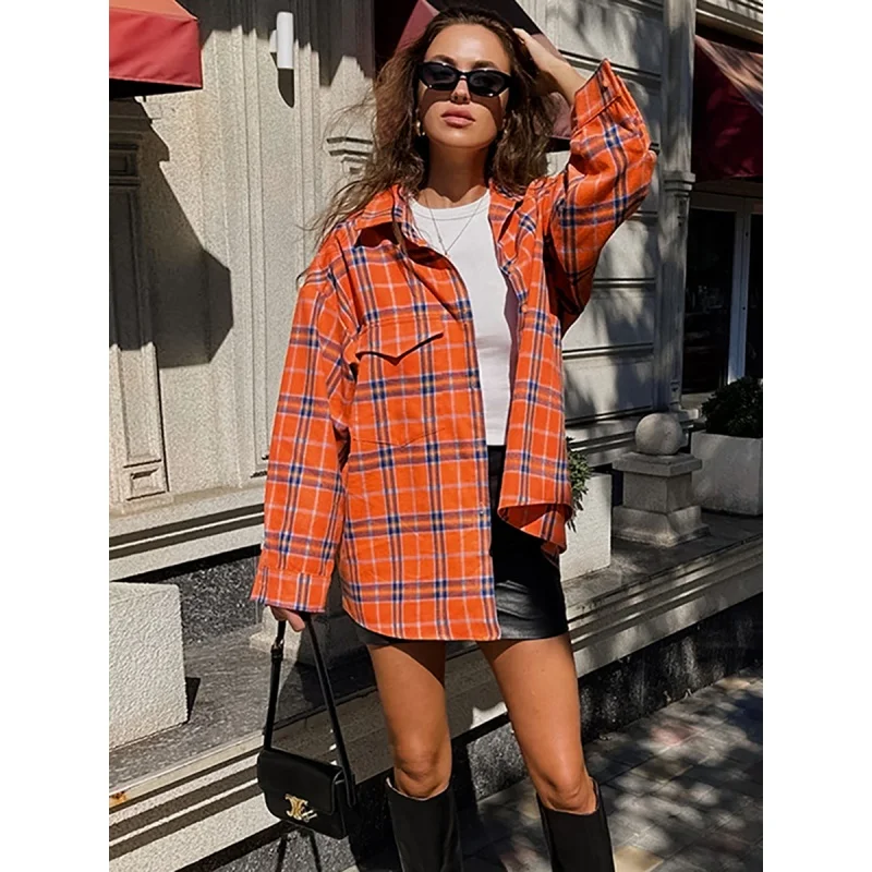 

Orange All-Match American Classic Plaid Loose Shirt New Autumn Fashion Tops Female Yy18