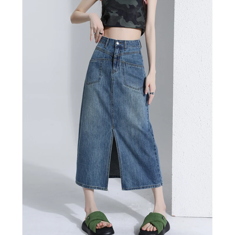 Real time split denim skirt for women in blue gray 2023 Spring/Summer New High Waist Slim Versatile Mid length Dress