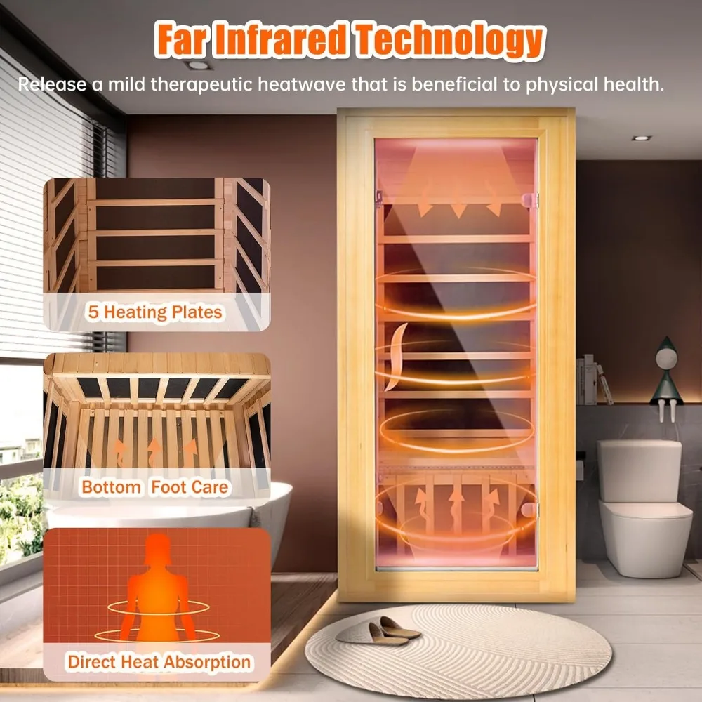 Far Infrared Sauna1 Person Hemlock Wood Dry Sauna Low EMF Heaters Panels Spa Indoor Sauna with Intelligent Control Panel 4