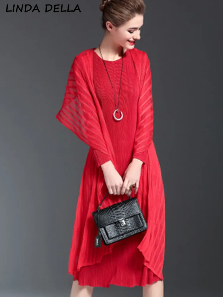 

LINDA DELLA Summer Fashion Designer Red Vintage Pleated Dress Women's O-neck Loose Waist Mesh Spliced Fake Two Pieces Long Dress
