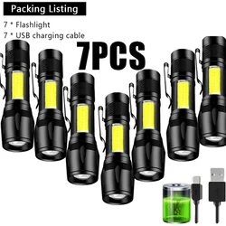 Mini LED Flashlight Torch with COB+XPE and Pen Clip - Portable, Zoomable, Tactical Camping Lantern (7pcs)