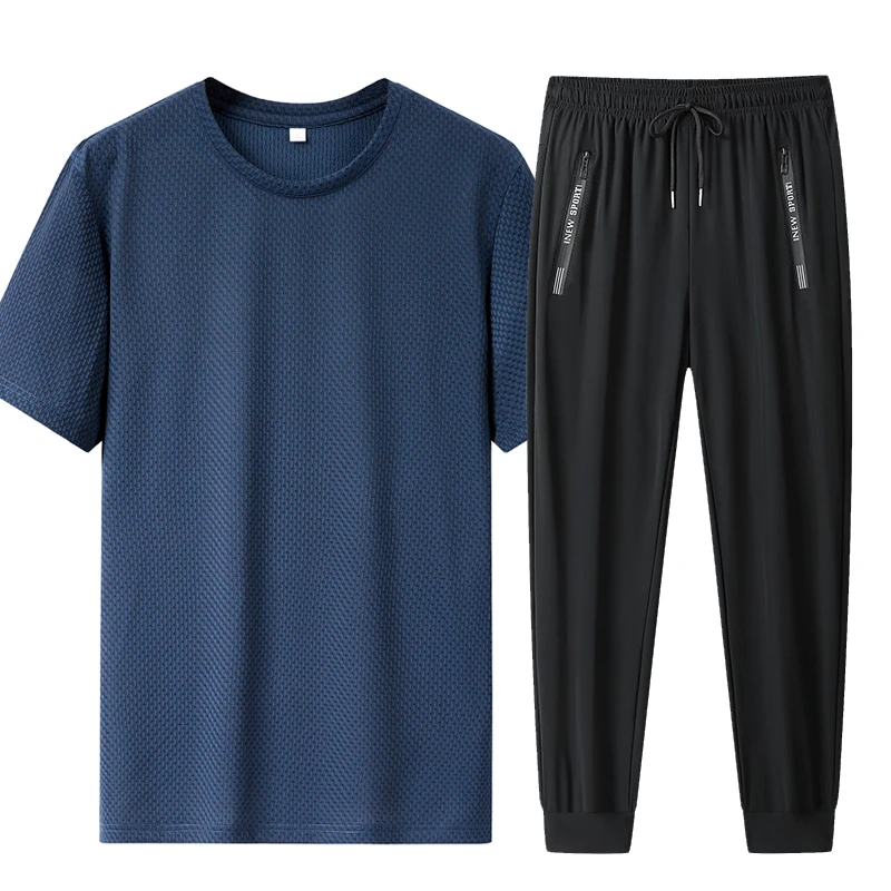2026 New Business Leisure Summer Sports Men's Jogging  Ice Silk T-shirt +Thin Long Pants 2-piece Breathable Quick-drying Set