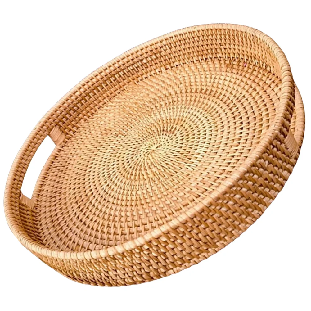

Woven Rattan Serving Tray Round Woven Fruits Basket Decorative Rustic Table Tray with Handles