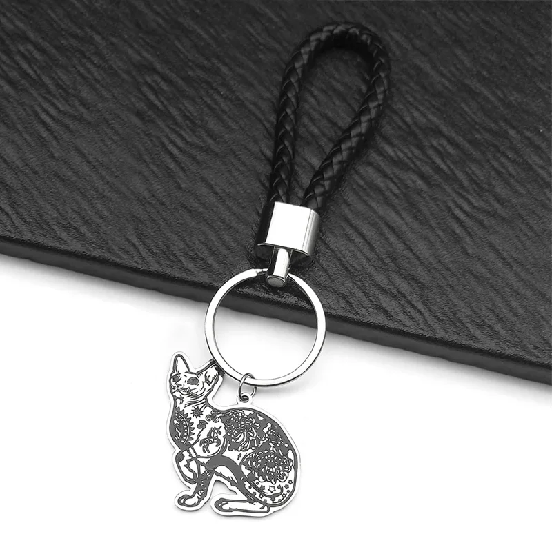 Gothic Kanadische haarlose Sphynx Katze Blumendrucke Edelstahl Anhänger Schlüsselanhänger für Frauen Mädchen Bijoux Haustier Schmuck Geschenk