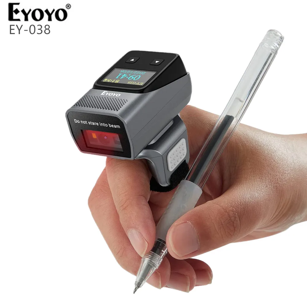 Eyoyo-Ring Barcode Scanner com Tela, Mini Wearable Sem Fio, Dedo QR Bar Code Scanner, Leitor Ring Scanners, 2D, Bluetooth