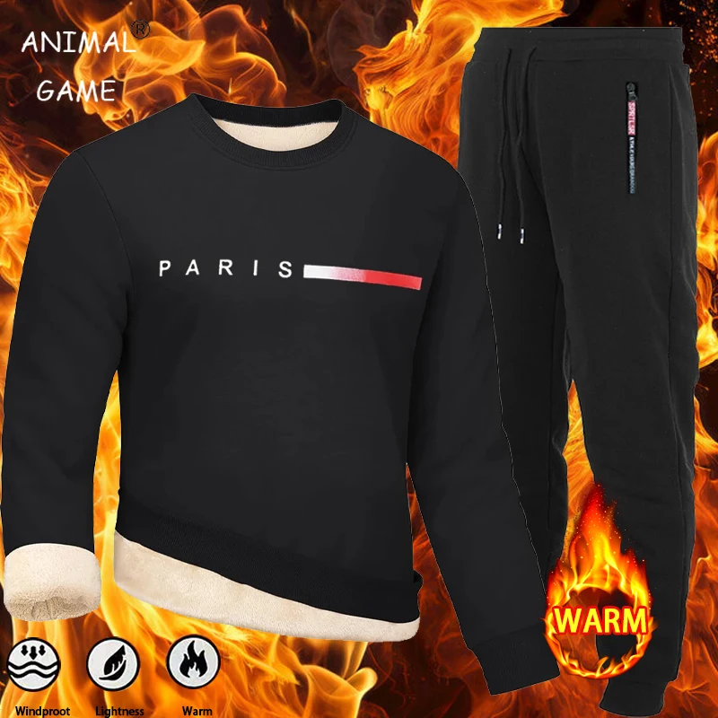 Outdoor Men's 2 Pieces Crewneck Sweatshirt Warm Sherpa Lined Pullover Wool Top Sweatshirt Casual Workout Sports Set Sportswear