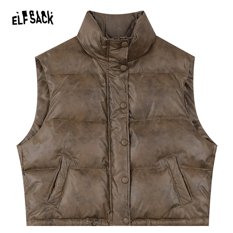 ELFSACK Brown PU Down Vest Women 2023 Winter Retro Warm Outwears