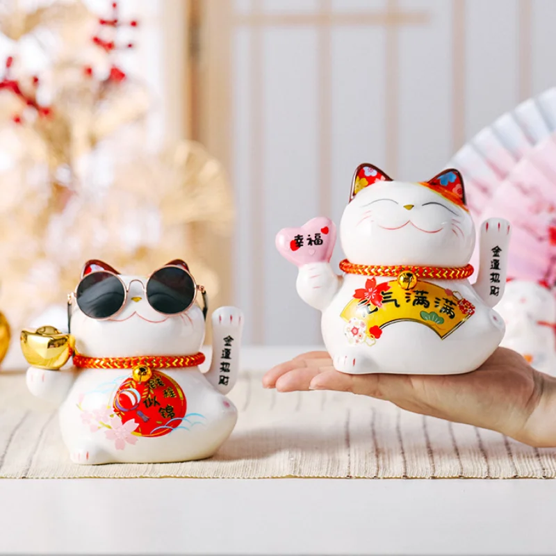 5inch Ceramic Fortune Cat Waving Hand Plutus Cat Battery Powered Maneki Neko Best Gift Home Decoration Lucky Cat