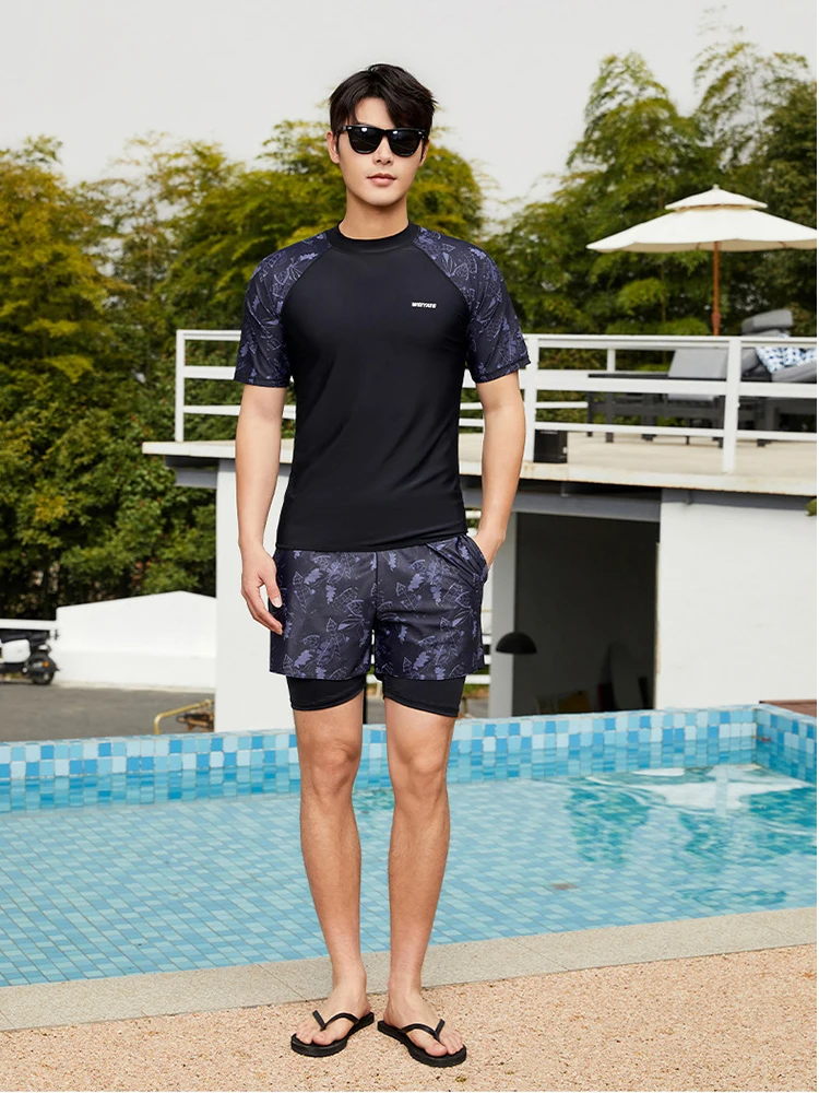 Men's Two-pieces Sun Protection UV SPF Shirts and Trunks, Short/Long Sleeve Lightweight Quick Dry Swimsuit Rash Guards Fishing
