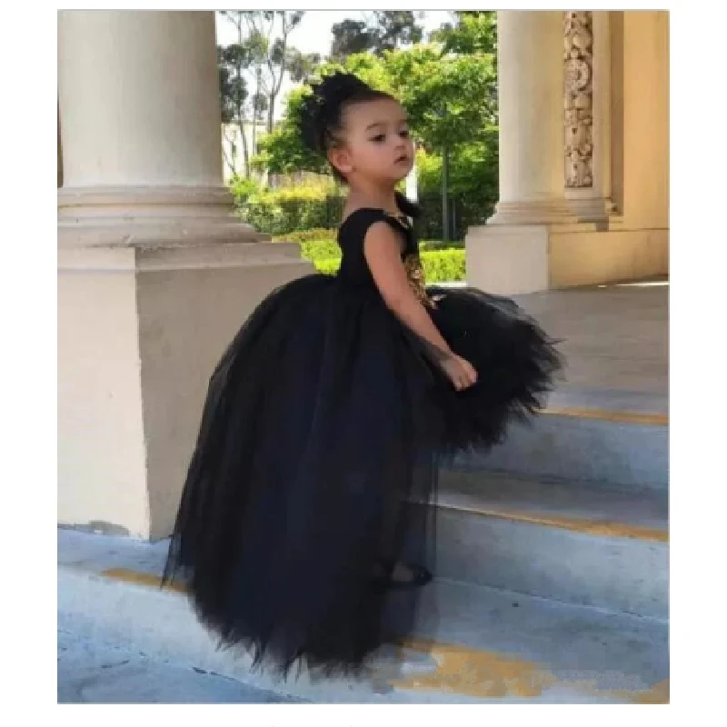 

Lovely Black High Low Girls Pageant Gowns With Gold Sequins Tulle Flower Girl Dresses Baby Birthday Party First Communion Gown