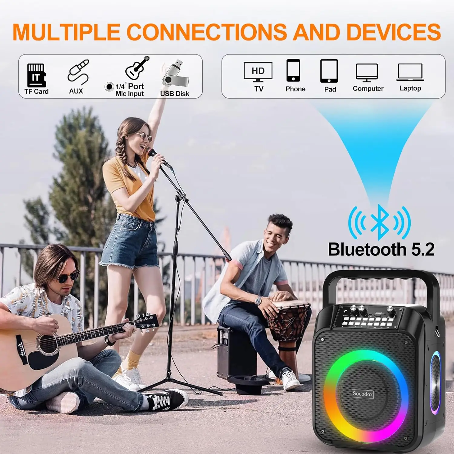Karaoke Machine,20W Portable Bluetooth Speaker with 2 Wireless Microphones,7000mAh Battery,TWS Stereo Sound,RGB Lights,Support U