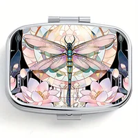 Square Medicine Box with Dreamy Dragonfly Design: 2-compartment Pill Organizer, Stylish Metal Container for Personal Medication 1