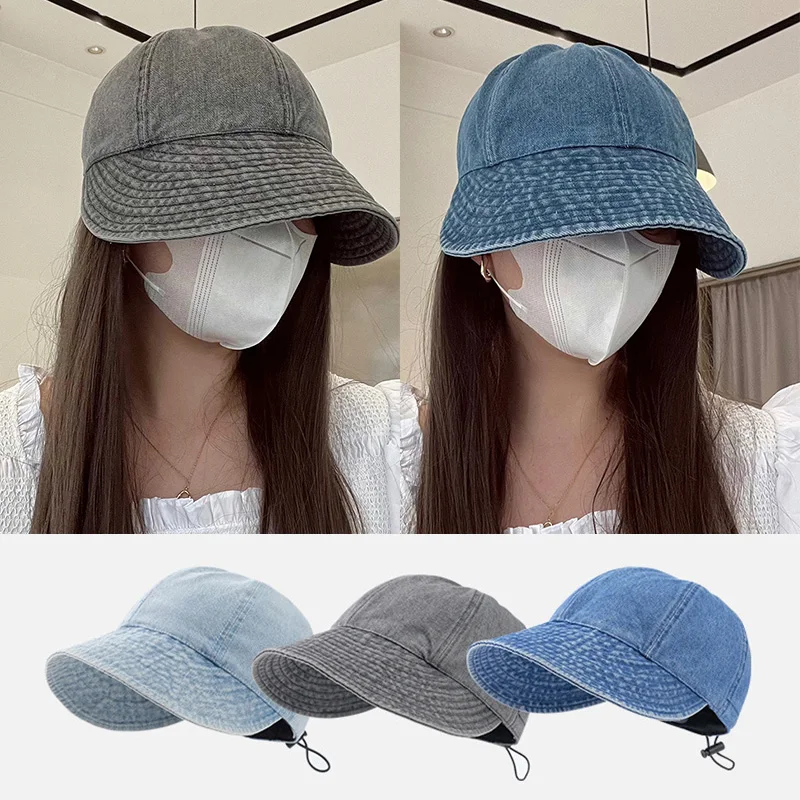 

Summer Fisherman Hat Women Solid Color Soft Foldable Wide Brim Sun Visors Cap Snapback Cap Adjustable Sun Hats Denim Outdoor