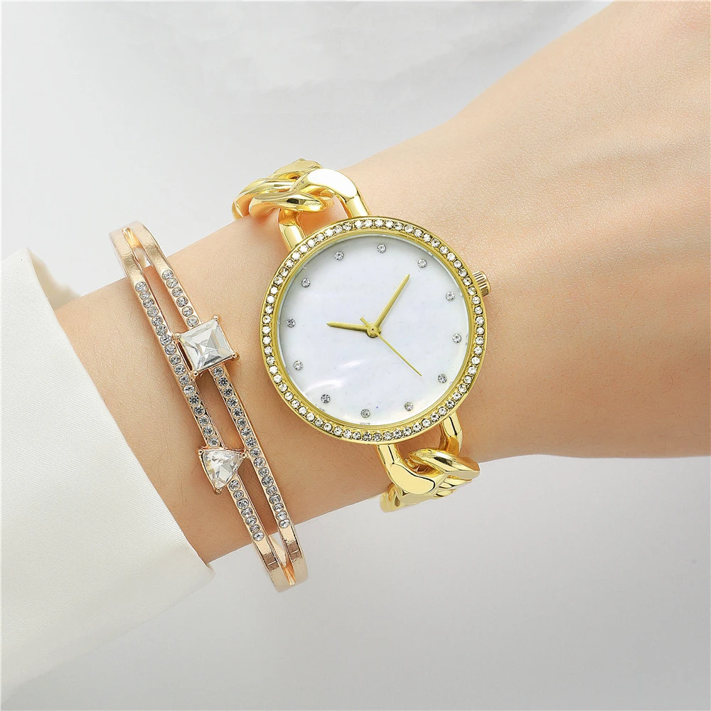 Swiss Edition SE3806-L レディース ラグジュアリー 23K ゴールドメッキ クリスタルベゼル＆ブレスレット ドレスウォッチ