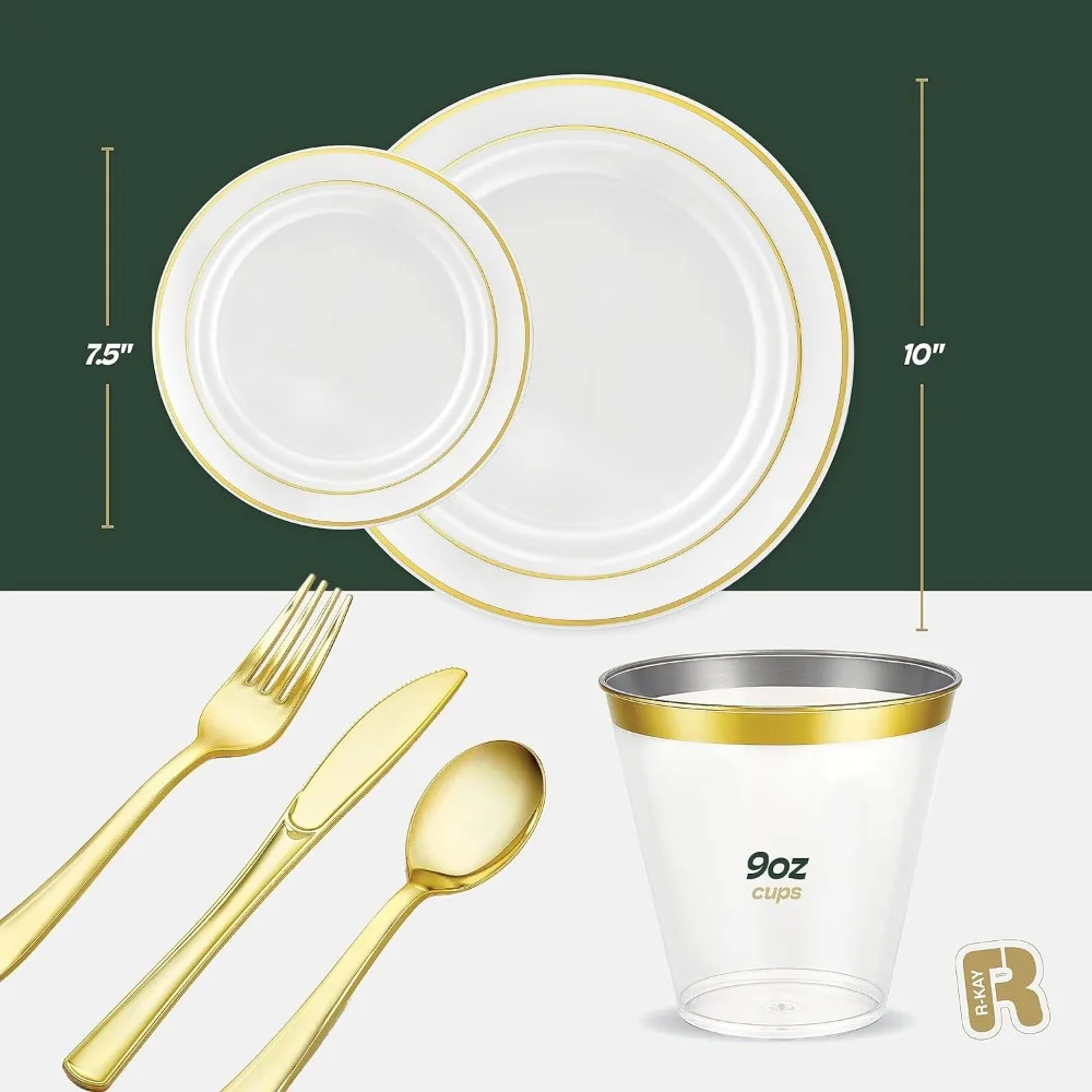 600pcs Plastic Dinnerware Set For 100 Guests Gold Plastic plates for party Premium Wedding