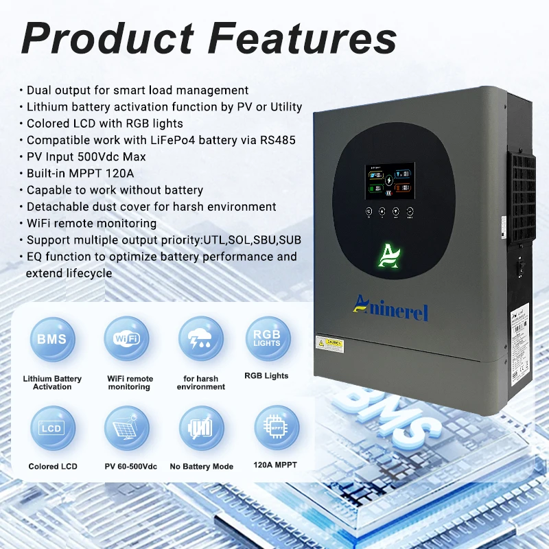아니네렐 6.2kw 4.2KW 하이브리드 태양광 인버터 듀얼 출력 컬러 LCD 디스플레이 RGB 조명 포함 48V 24V MPPT 120A 100A 태양광 인버터