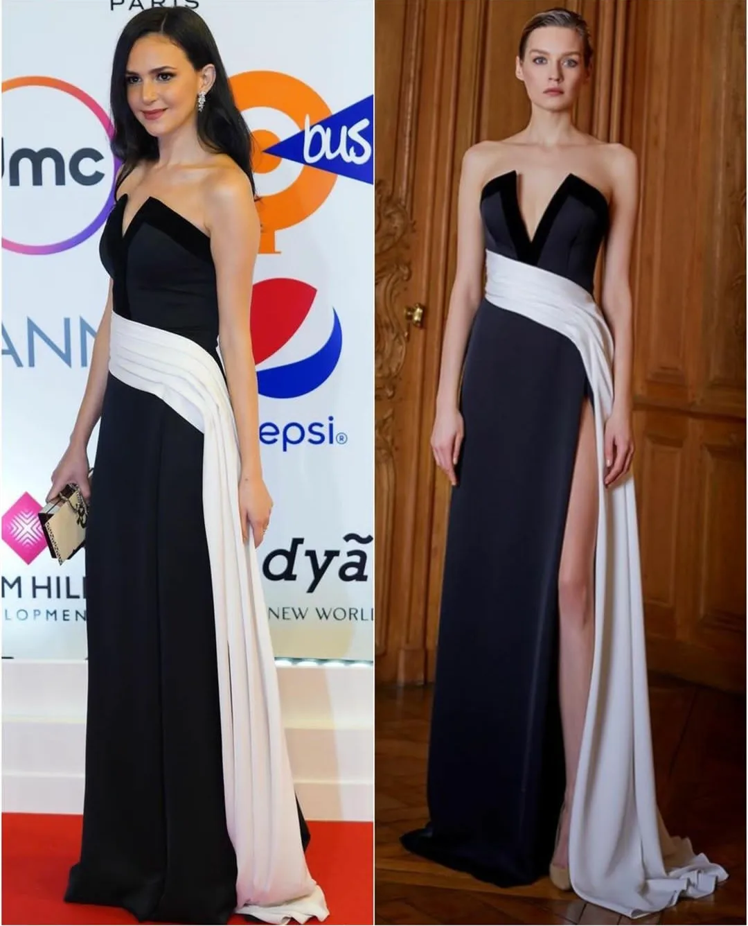 

Sexy Long Satin Evening Dresses with Slit A-Line Black and White Pleated Abendkleid Prom Party Gown Celebrity Dress Custom Made