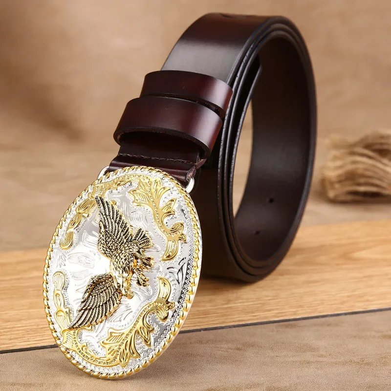 

New Hot Sale Fashion Casual Men's Genuine Leather Belts Male Top Quality Eagle Totem Smooth Buckle Retro Belt for Men's Jeans