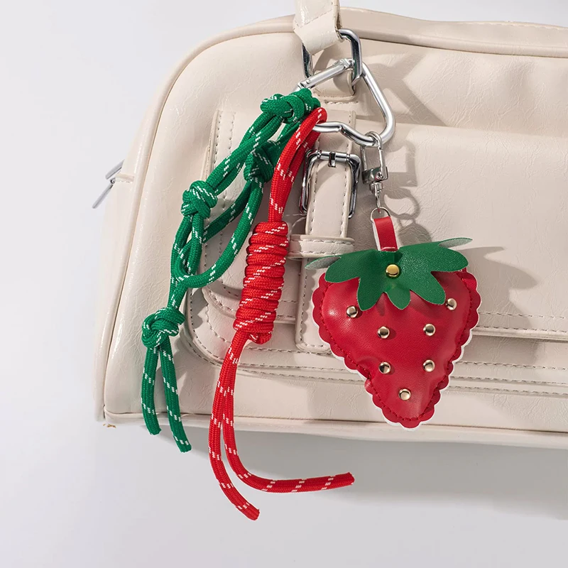 Woven Flower Strawberry Bag Pendant Braided Rope PU Leather Pendant Backpack Accessories Car Keyring Fruit Keychain