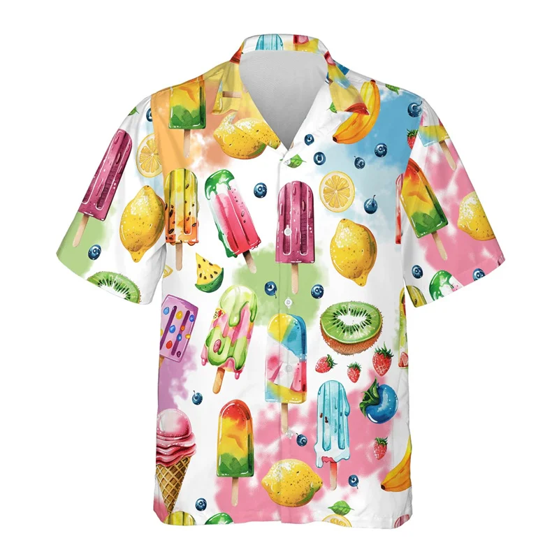 Camisa hawaiana con estampado 3D de helado abstracto para hombre, camisas hawaianas con estampado de paletas de dibujos animados, blusas casuales holgadas, blusas de manga corta