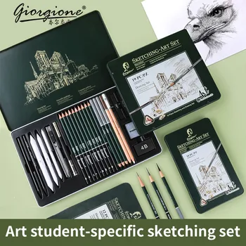 GOIRGIONE Pro Sketch Set 10/12/19/27 Graphite & Charcoal Pencils Portable Green Iron Box Drawing Sketching for Artists Students 1