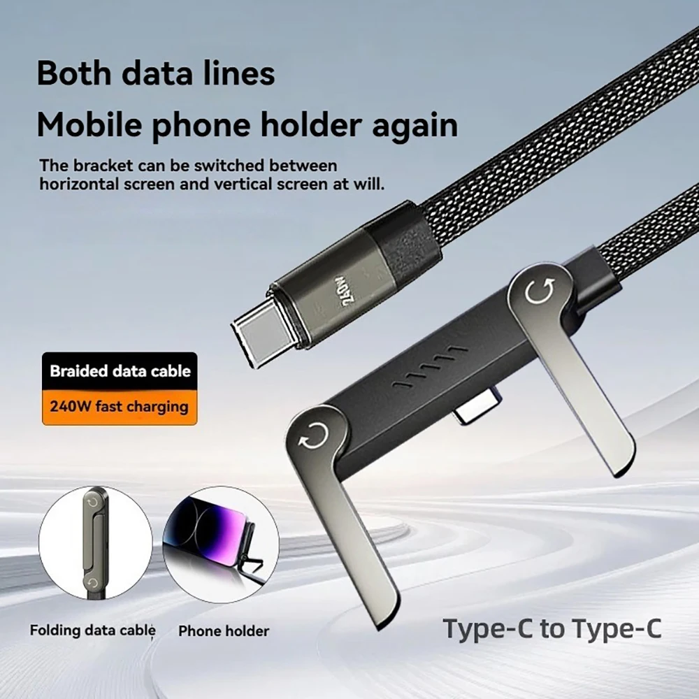 USB C to Type C 240W 2 IN 1 Cable Foldable Holder Data Cord Fast Charging Braided Elbow PD Wire For iPhone 17 16 Samsung Xiaomi 2