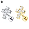1/5pcs Implant Grade Titanium Labret Piercing Internally Threaded Flat Back Stud Earring with CZ Paved Cross Top Body Jewelry 1