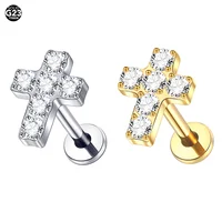 1/5pcs Implant Grade Titanium Labret Piercing Internally Threaded Flat Back Stud Earring with CZ Paved Cross Top Body Jewelry 1