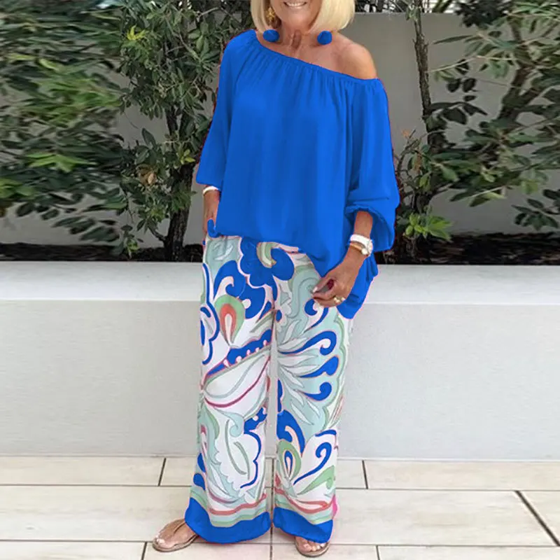 Spring summer Casual 2-piece Suit Set Women\'s Sexy Off-shoulder Shirt Blouse Top + Printed Wide-leg Pants Two-piece Suit 2024