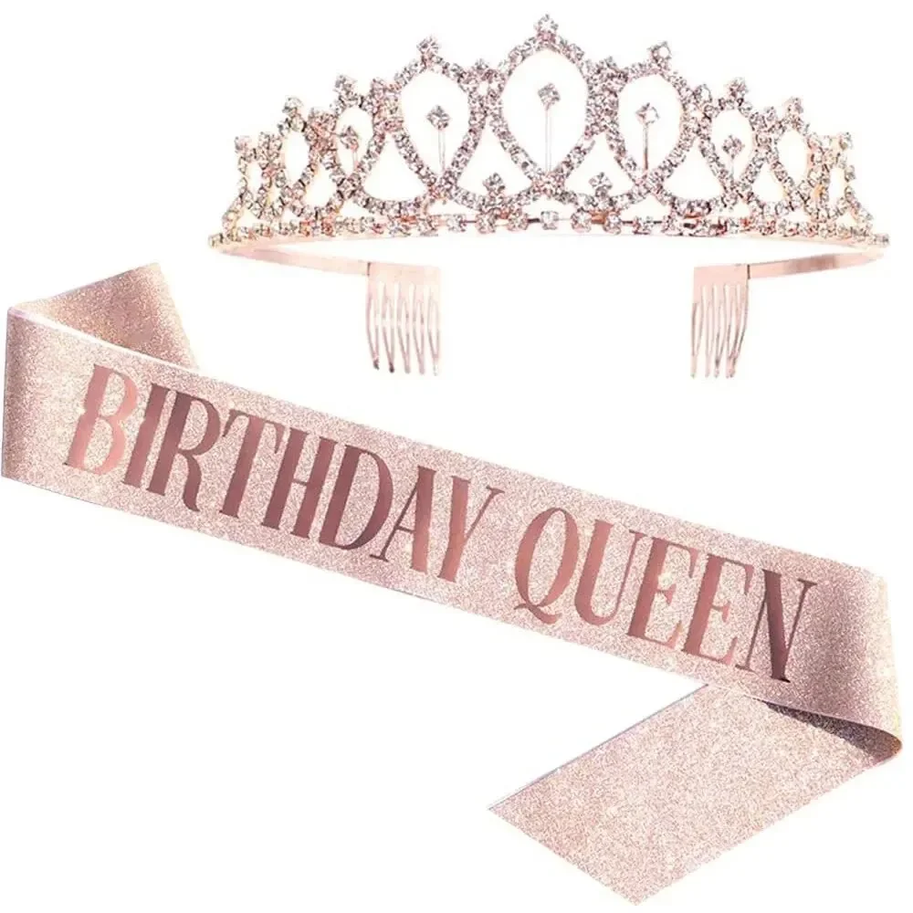 Party Supplies Bling Rhinestone Crystal Crown Tiara Birthday Anniversary Decoration Happy 18 21 30 40 50th Birthday Satin Sash
